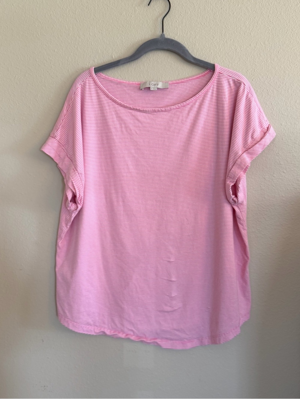 LOFT Pink Micro-Stripe Short Sleeve Top Size XL